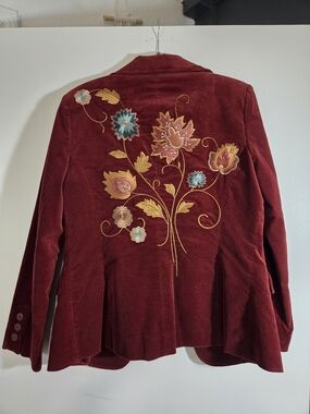 CAbi Burgundy Velvet Blazer with Multicolor Floral Embroidery